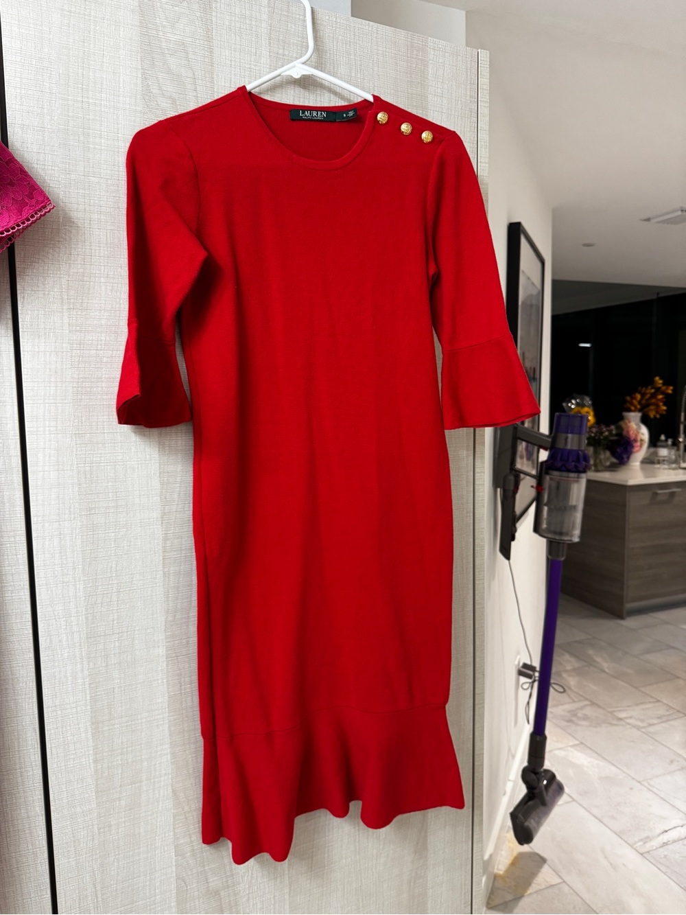 Ralph Lauren Red Knit Midi Dress with Gold Shoulder Buttons